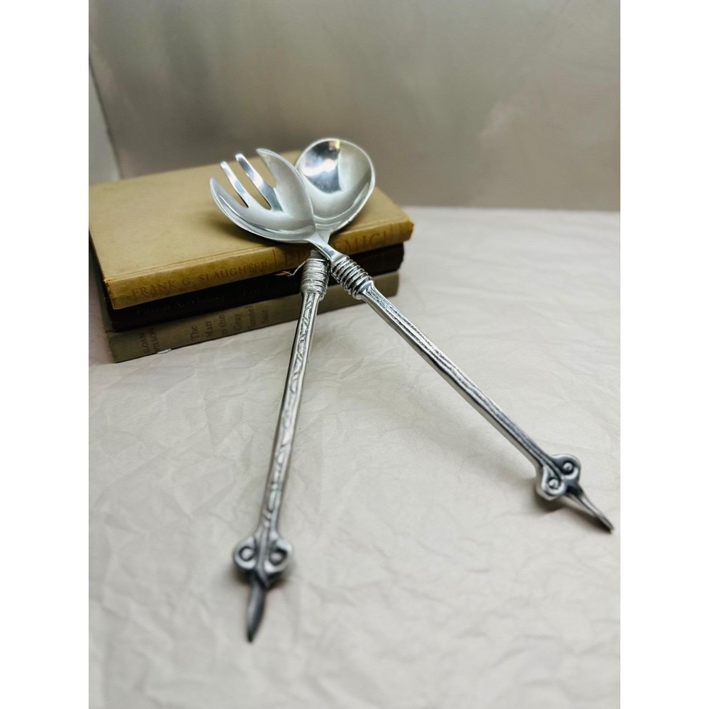 Vintage Silver Tone Metal Salad Servers Set Long Handle Scroll Finial Spoon Fork